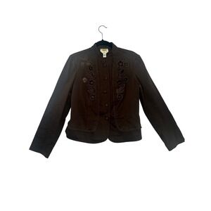Talbots Womens Brown Stretch Floral Embroidered Ruffle Front Jacket Blazer 8